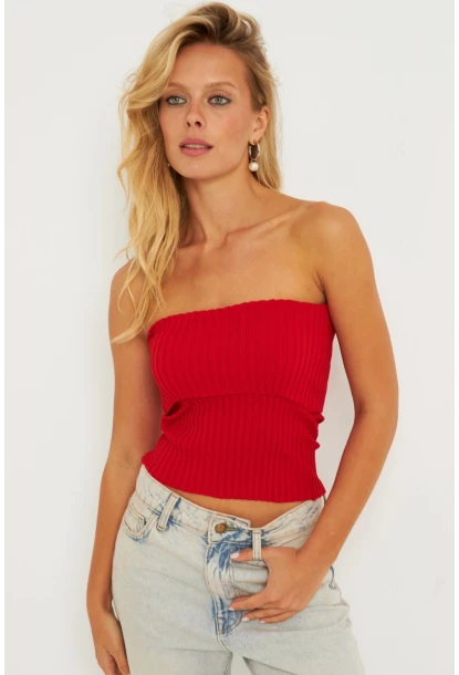 Kadın Kırmızı Straplez Triko Bluz YV240