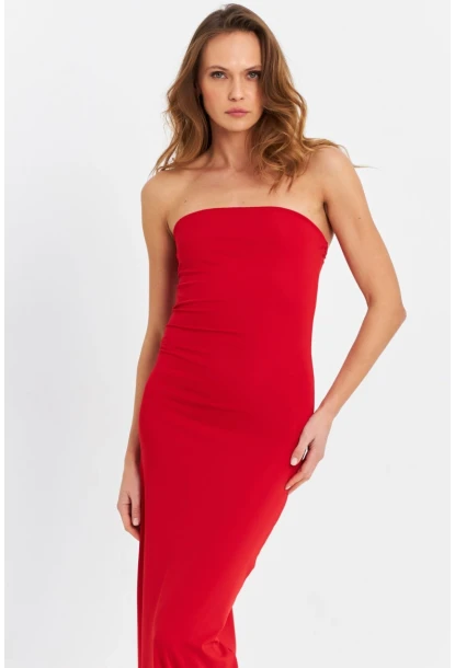 Kadın Kırmızı Straplez Yırtmaçlı Midi Elbise XC005