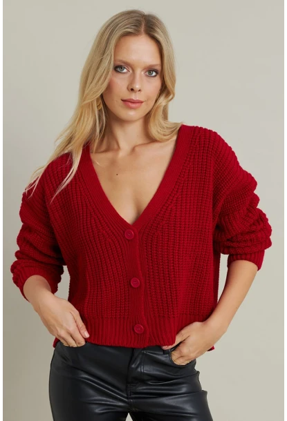 Kadın Kırmızı V Yaka Hırka KAZ35