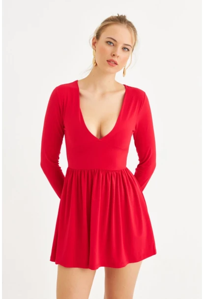 Kadın Kırmızı V Yaka Mini Elbise LİK17