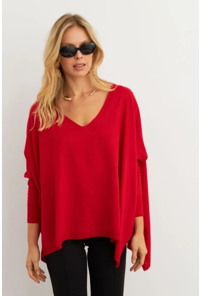 Kadın Kırmızı V Yaka Salaş Bluz YV304
