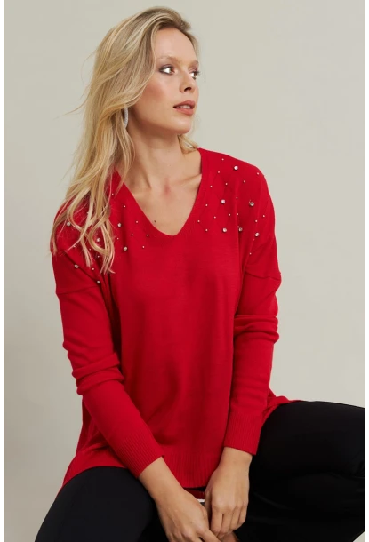 Kadın Kırmızı V Yaka Taşlı İnce Triko Bluz YİL002