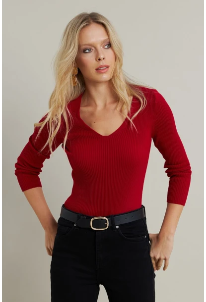 Kadın Kırmızı V Yaka Triko Bluz YV284