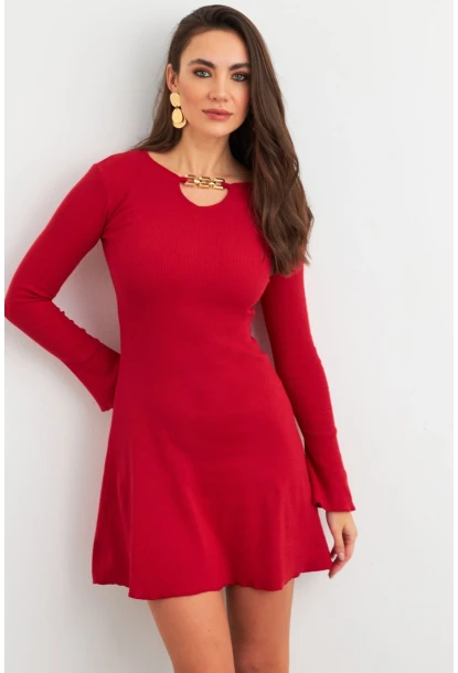 Kadın Kırmızı Yakası Aksesuarlı Mini Elbise FRY2267