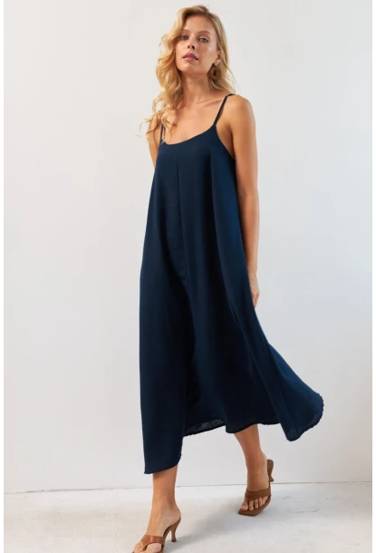 Kadın Lacivert Ayarlanabilir Askılı Midi Keten Elbise DMR355