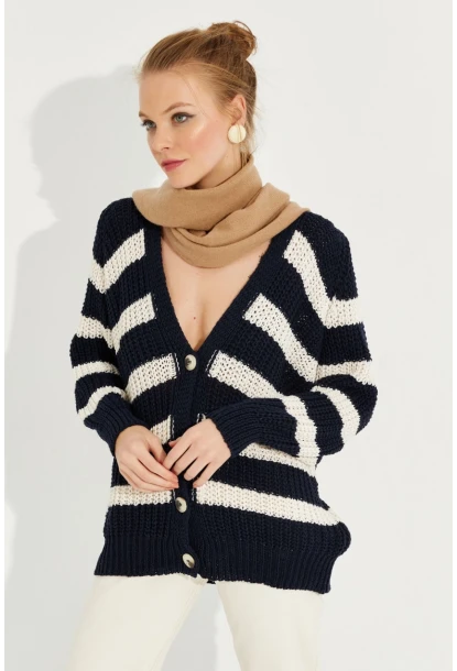 Kadın Lacivert Çizgili Salaş Hırka MİW8061