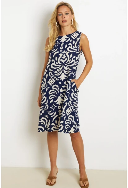 Kadın Lacivert Desenli Cepli Midi Elbise YZ1059