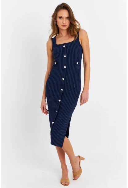 Kadın Lacivert Düğme Aksesuarlı Çizgili Midi Elbise SDY1253