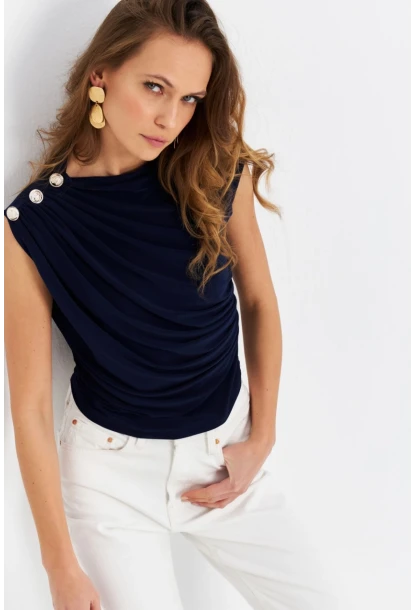 Kadın Lacivert Düğme Detaylı Büzgülü Bluz LPP1205-1