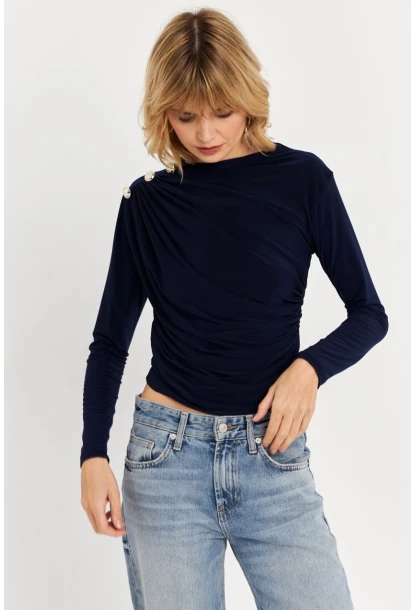 Kadın Lacivert Düğme Detaylı Büzgülü Bluz LPP1223-1