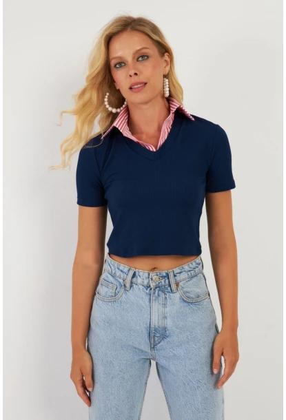 Kadın Lacivert Gömlek Yaka Bluz MK19