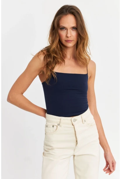 Kadın Lacivert İp Askılı Crop Bluz EV63