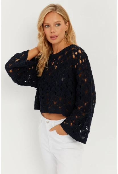 Kadın Lacivert İspanyol Kol Ajurlu Triko Bluz MİW0761