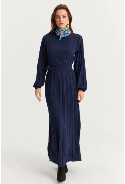 Kadın Lacivert Kemerli Plili Maxi Elbise ALZ500