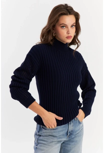 Kadın Lacivert Kolları File Triko Bluz YV288