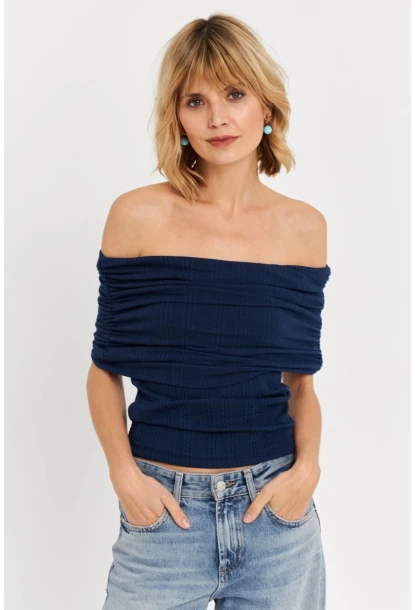 Kadın Lacivert Kolsuz Madonna Yaka Bluz TF51