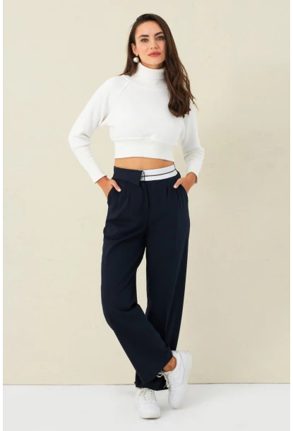 Kadın Lacivert Kontrast Bel Kumaşlı Pantolon ELA6078