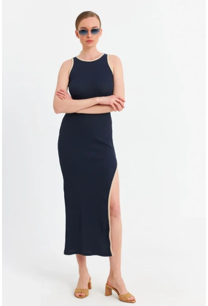 Kadın Lacivert Kontrast Biyeli Yırtmaçlı Maxi Elbise OR2087