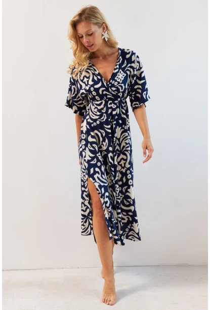 Kadın Lacivert Kruvaze Desenli Midi Elbise YZ1152