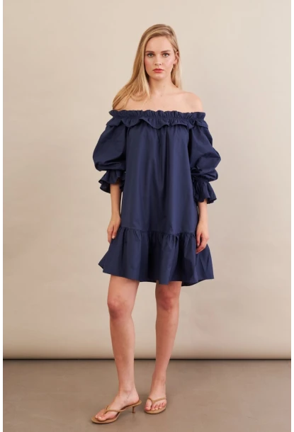 Kadın Lacivert Madonna Yaka Midi Elbise PSG1012