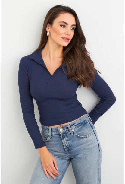 Kadın Lacivert Polo Yaka Kaşkorse Bluz LON3006