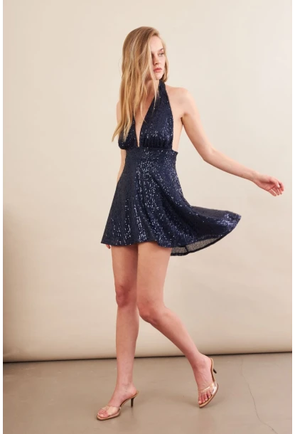 Kadın Lacivert Sırtı Açık Payetli Astarlı Mini Elbise DCF046