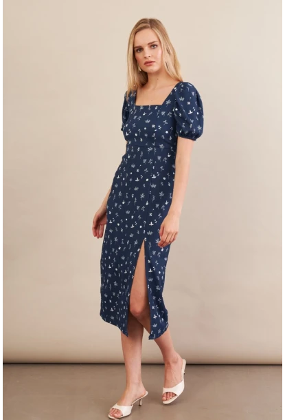 Kadın Lacivert Sırtı Detaylı Çiçekli Midi Elbise CHN103