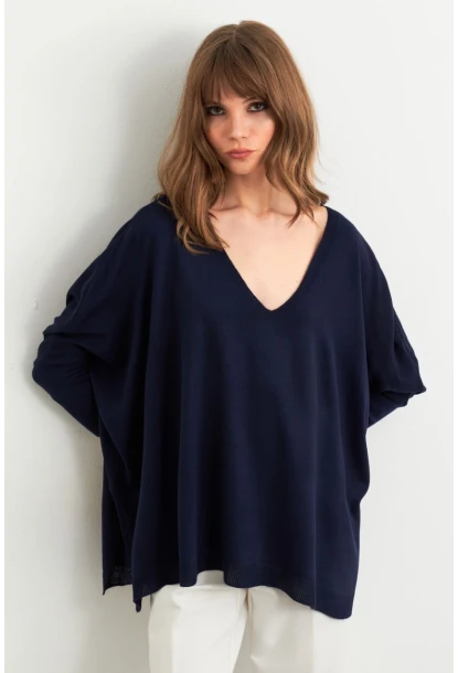 Kadın Lacivert V Yaka Salaş Bluz YV304