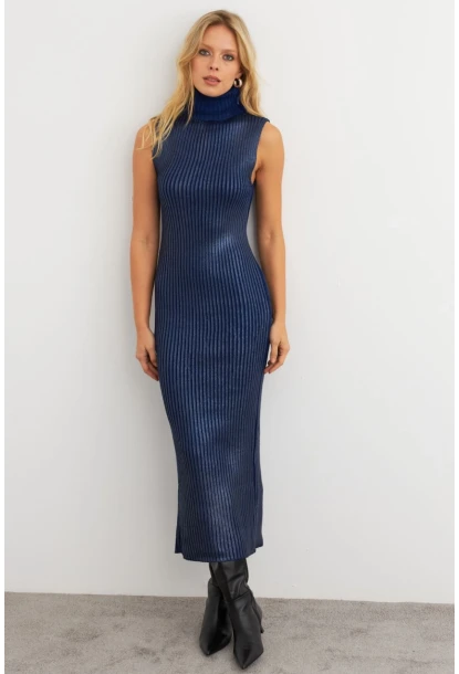 Kadın Lacivert Varaklı Balıkçı Maxi Elbise RM599