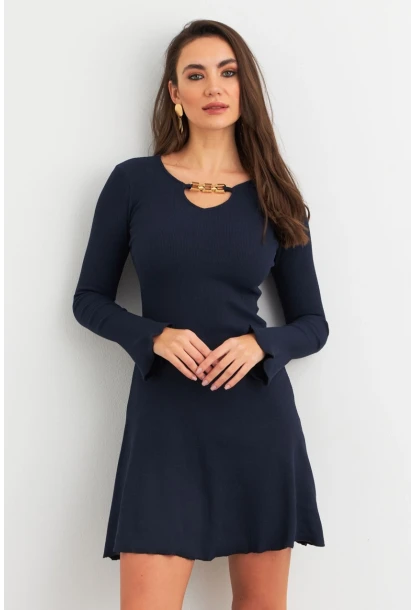 Kadın Lacivert Yakası Aksesuarlı Mini Elbise FRY2267