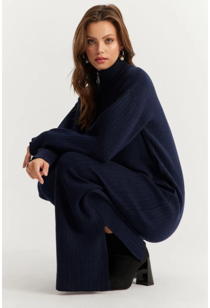 Kadın Lacivert Yakası Fermuarlı Triko Maxi Elbise MNUV10