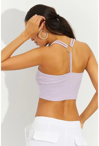 Kadın Lila Sırtı Halkalı Kaşkorse Crop Bluz B2552