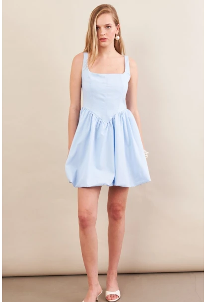 Kadın Mavi Askılı Mini Balon Elbise ERL105