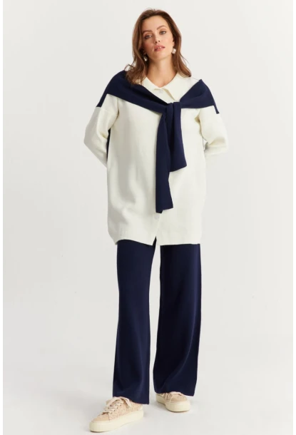 Kadın Mavi Atkılı Triko Hırka Alt Üst Takım NUV20