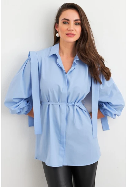 Kadın Mavi Bağlama Detaylı Basic Gömlek MASF185