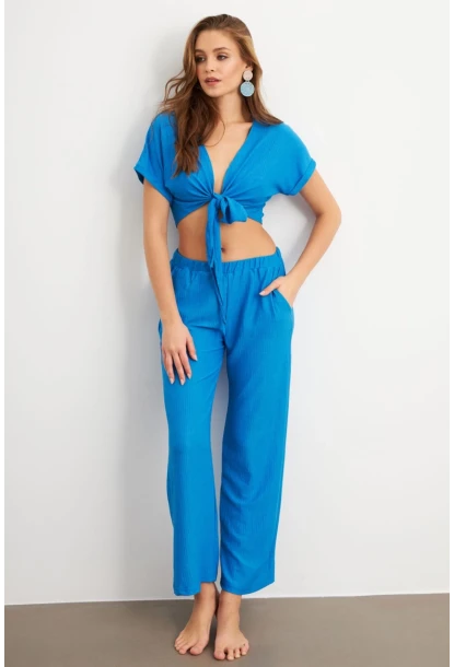 Kadın Mavi Bağlamalı Bürümcük Takım Q1012