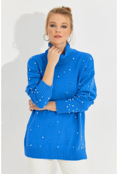 Kadın Mavi Balıkçı Yaka İncili Triko Kazak MSS129