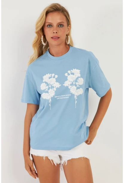 Kadın Mavi Baskılı T-Shirt AYD362