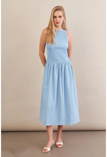 Kadın Mavi Beli Lastikli Gipeli Midi Elbise ZH130