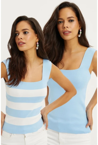 Kadın Mavi-Beyaz Kare Yaka İkili Bluz YV127