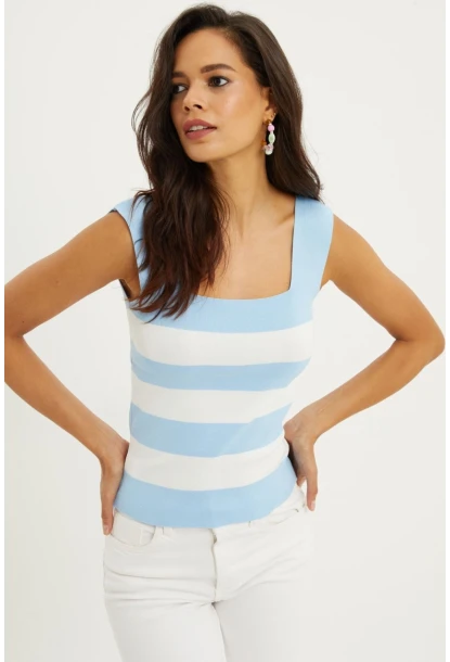 Kadın Mavı-Beyaz Kare Yaka Triko Bluz YV80