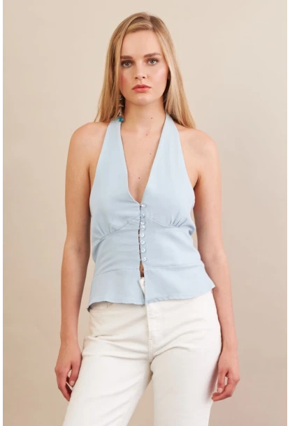 Kadın Mavi Boyun Bağlamalı Keten Yelek FS129