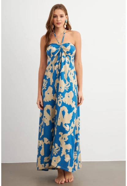 Kadın Mavi Büzgülü Desenli Midi Elbise KAB304