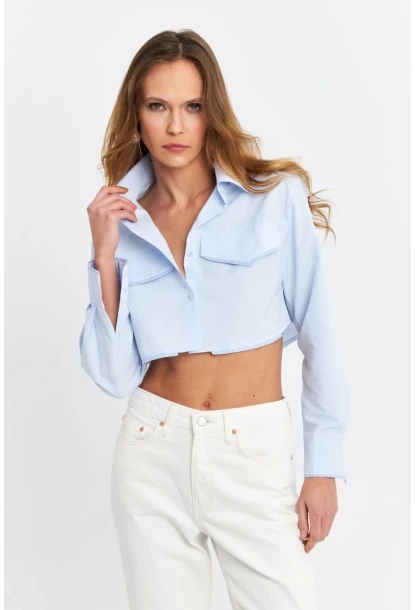Kadın Mavi Cep Detaylı Crop Gömlek KED4205