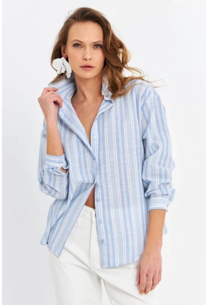 Kadın Mavi Çizgili Keten Gömlek ROP102