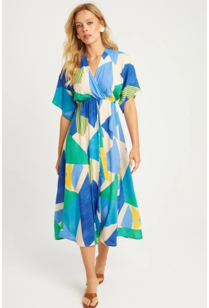 Kadın Mavi Desenli Kruvaze Midi Elbise HT108