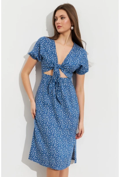 Kadın Mavi Desenli Pencereli Midi Elbise Q1013