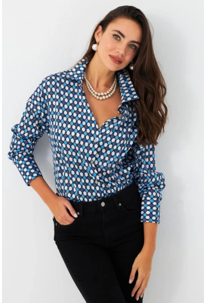 Kadın Mavi Desenli Saten Gömlek SHR9
