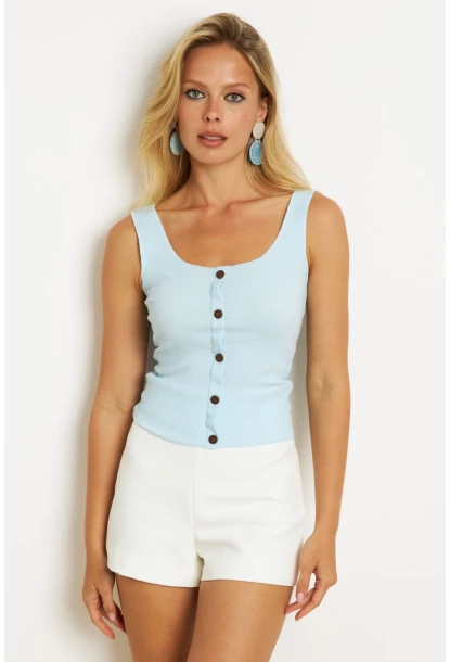 Kadın Mavi Düğme Aksesuarlı Bluz MK14