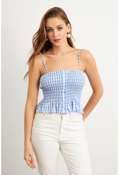 Kadın Mavi Ekose Lastikli Crop Bluz MTK13397